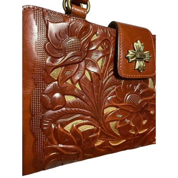 Patricia Nash Rosina Tooled Leather Satchel Tan Brown - Picture 3 of 16